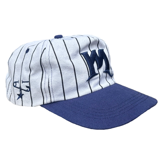 Baseball cap with white and blue striped pattern and logo on a white background